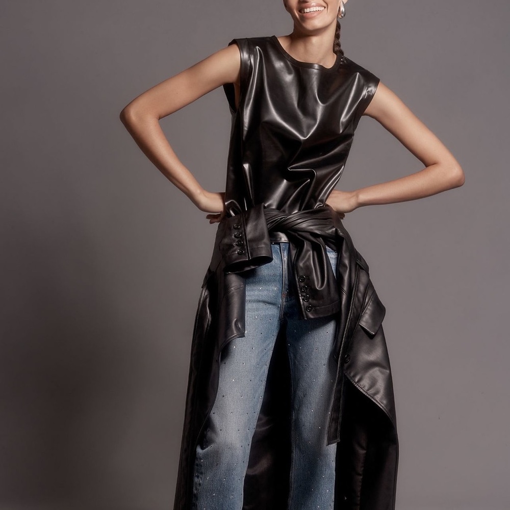 Anthropologie Porridge Faux Black Leather Top Small - Picture 2 of 6